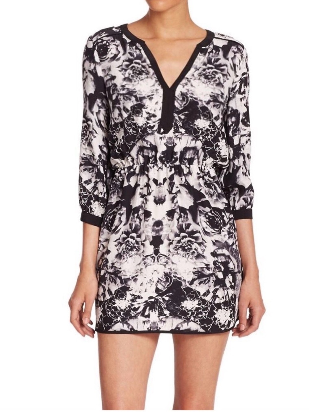 PARKER 'Mallory'~ Black & White Silk Fiori Print Blouson Party Dress S NEW $275